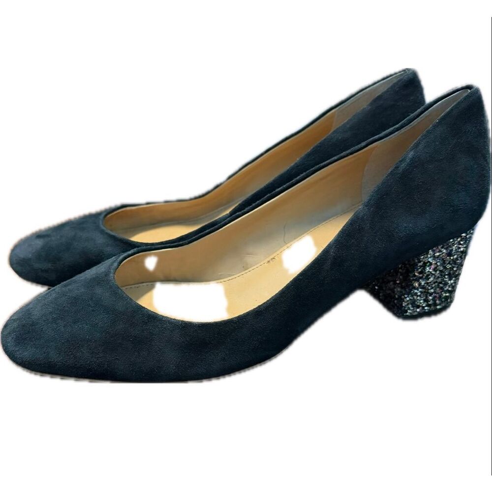 J Crew Black Suede Sparkly Block Heeled Shoes Womens Size 10
